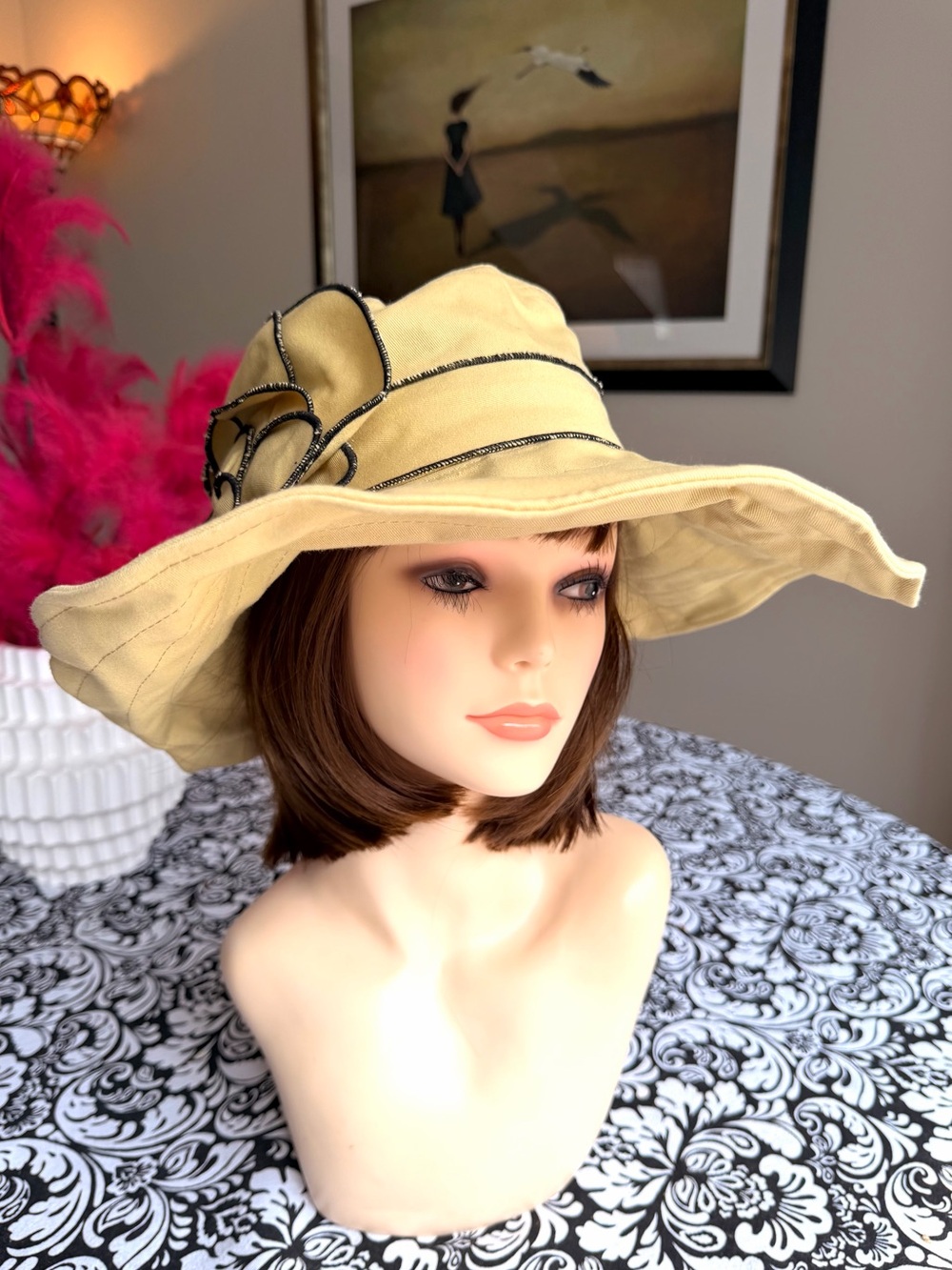 Scala Collezione Cotton Wide Brim Floral Sun Hat Beige Black